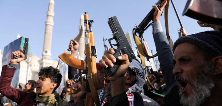 Protesters, mainly Houthi supporters, raise their weapons as they rally to show support to Palestinians in the Gaza Strip, in Sanaa, Yemen December 27, 2024. REUTERS/Khaled Abdullah