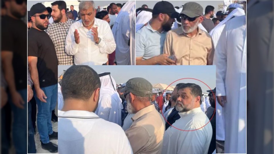 قادة حماس أسامة حمدان وعزت الرشق وحسام بدران يظهرون في تشييع شهداء الغارات الإسرائيلية على الدوحة