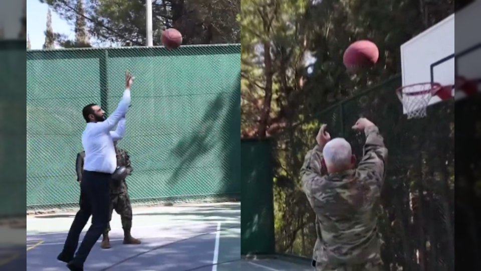 شاهد أحمد الشرع والأدميرال براد كوبر في استعراض مهارات رمي كرة السلة خلال زيارة دبلوماسية تاريخية