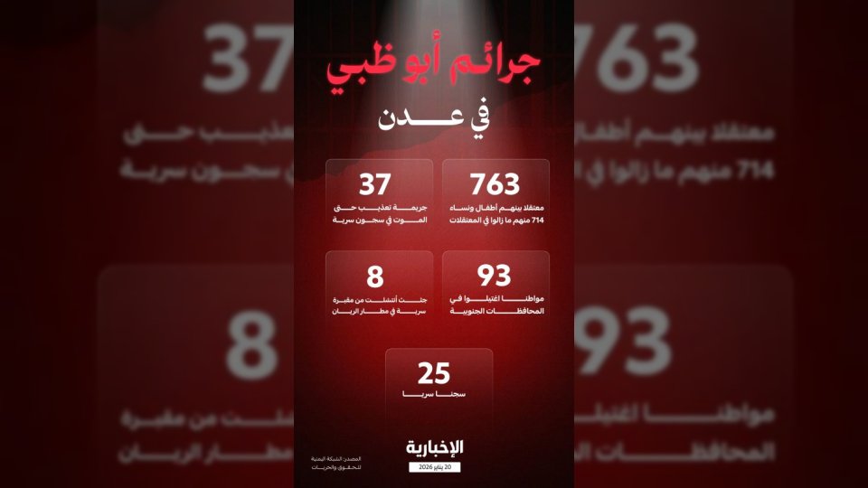 قناة الإخبارية السعودية تنشر بيانات صادمة حول انتهاكات وسجون سرية تابعة لأبوظبي في عدن
