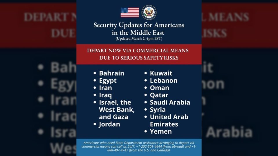 الخارجية الأمريكية تأمر رعاياها بمغادرة اليمن و13 دولة بالمنطقة فوراً